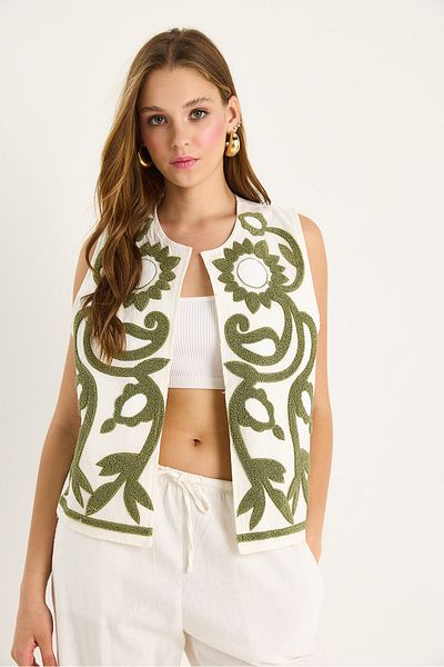 Bianco Lucci Women's Süzene Embroidery Detailed Lined Linen Vest 60283466