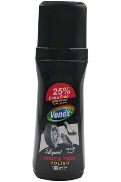 Venex Liquid Shoe and Tire Polish With Sponge Applicator, Long Lasting Super Black Shine (100ml)