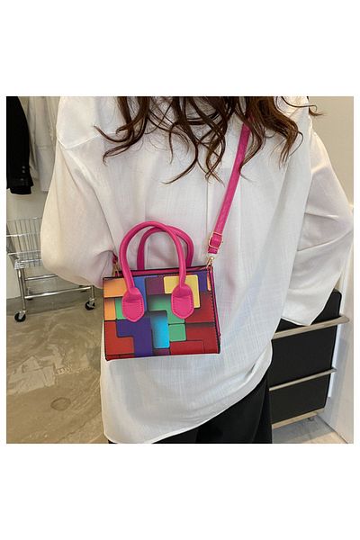 Tessero Geanta de dama cu bareta pentru umar din piele ecologica, model geometric multicolor, Tessero, dimen