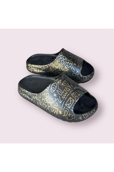 AkınalBella Black Printed Women's Summer Slide Slippers