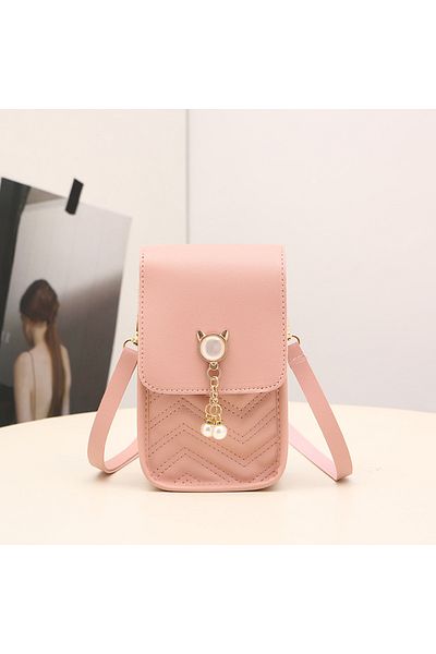 Tessero Women's mini shoulder bag, phone compartment, eco-leather, pattern with kitty and pearls,