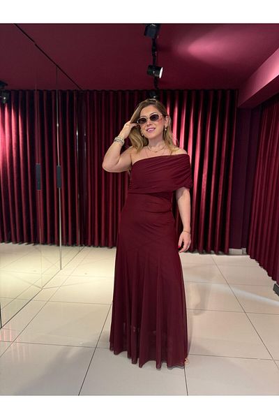 Hotfashion فستان أحمر كلاريت بكتف واحد