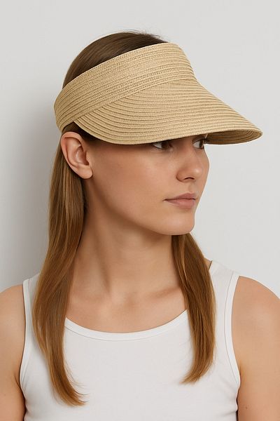 CosmoOutlet Women's Beige Straw Wide Visor Adjustable Summer Sunscreen Visor Beach and Sports Hat