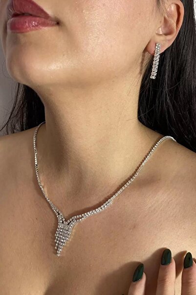 shai Silver Color Stone Detailed Necklace and Earrings Wedding Henna Engagement Bridal Set