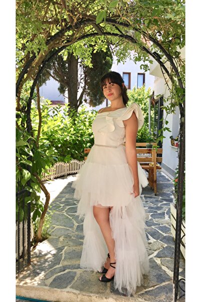 Erkut Girl's One Sleeve Detailed Tulle Skirted Tail Evening Dress