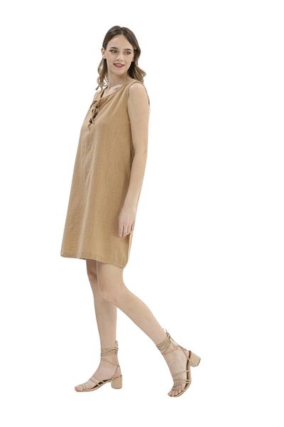 Modasultan Zero Sleeve Back Pleat Detail Double Pocket Collar Lace up Midi Length Muslin Linen Dress