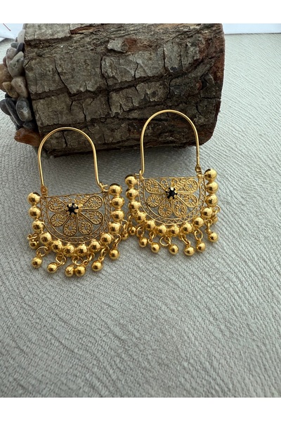 Midyat Artuklu Gümüşçülük Siyah Taşlı Gümüş Altın Kaplama Top Sallantılı Mard...