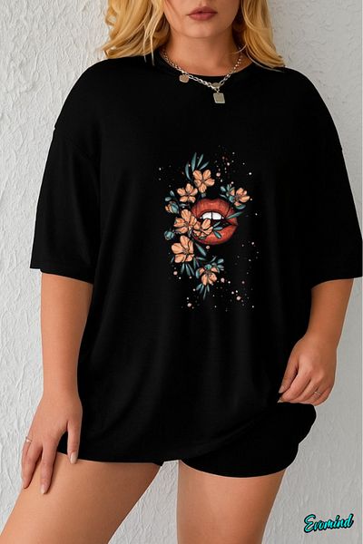 Evomind 1 T-Shirt Is a Gift for Purchases of 5 or More in the Cart - Large Size Cat Flower Printed T-Shirt