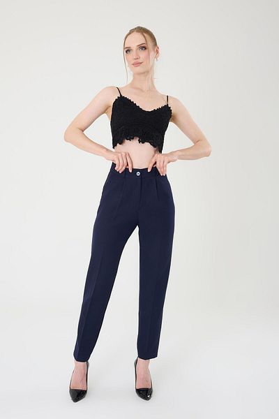 Hazel Women's Navy Blue Slim Fit Fabric Trousers