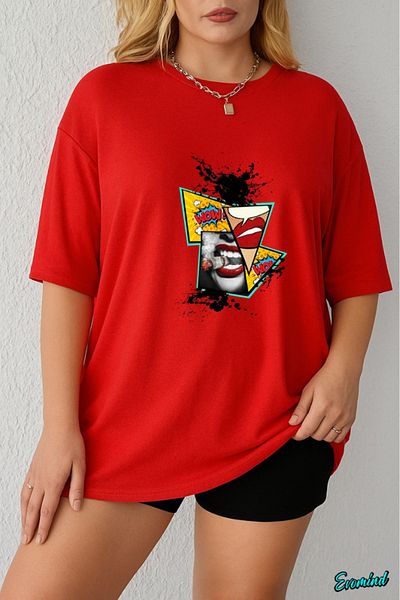 Evomind In Cart 5 and Above Purchases Get 1 T-Shirt as a Gift - Large Size Lip Lightning Printed T-Shirt