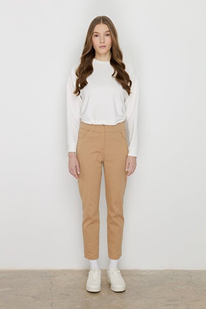 Nihan Dar Paça Kanvas Denim Pantolon Camel