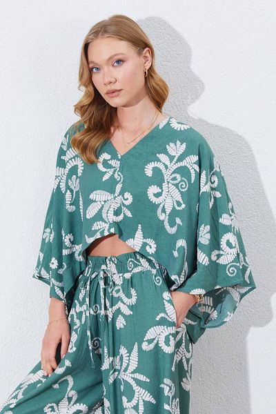 MODAMOR Flower Patterned Linen Kimono & Pants Double Set