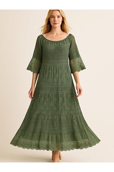 Butik İtalyan Dantel Elbise - HAKİ