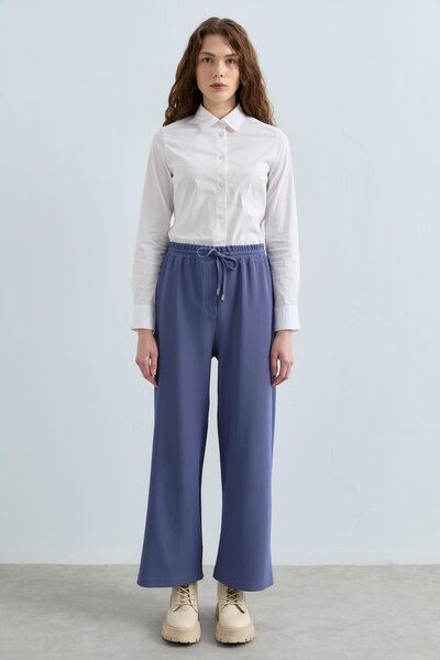 Nihan Beli Lastikli Bol Paça Örme Pantolon İndigo