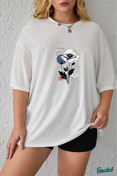 Evomind In Cart 5 or More Purchases Get 1 T-Shirt as a Gift - Large Size Floral Printed T-Shirt