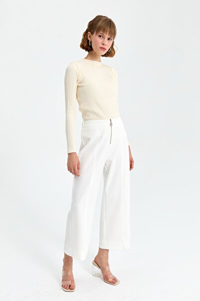 Nihan Fermuar Detaylı Bilek Boy Bol Pantolon Ekru