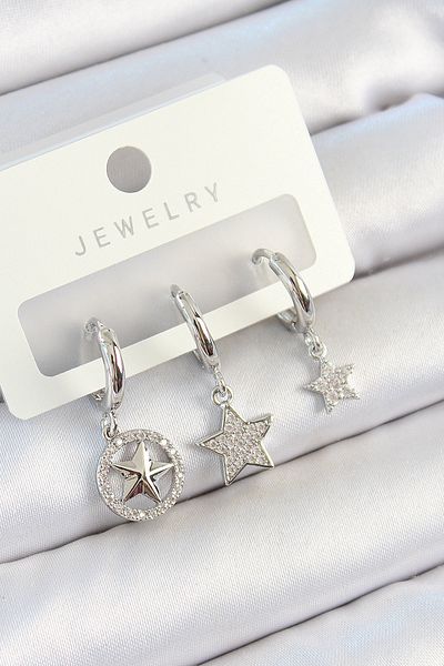 norsary Brass Zircon Stone Star Model Silver Color 3-Piece Double Women's Earring Set