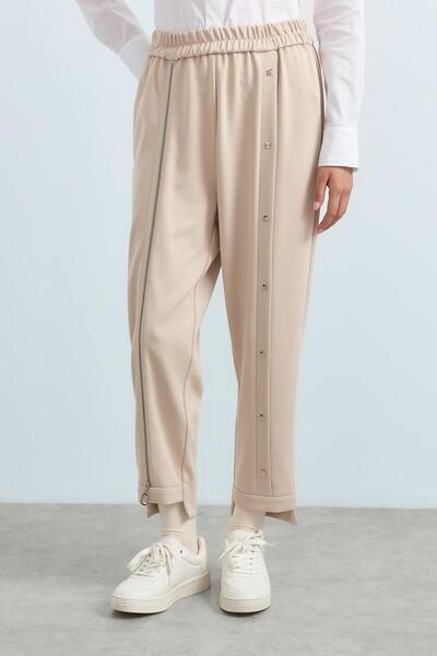 Nihan Fermuar ve Düğme Detaylı Pantolon Taş