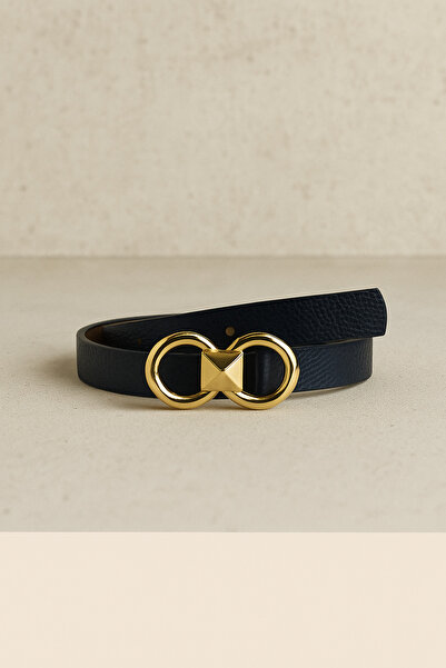 ZEKTON حزام جلد صناعي باللون الأزرق الداكن للنساء - حزام أنيق بإبزيم ذهبي