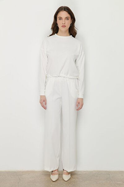 Nihan Beli Lastikli Culotte Pantolon Ekru