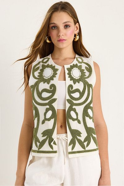 Bianco Lucci Women's Süzene Embroidery Detailed Lined Linen Vest 60283466