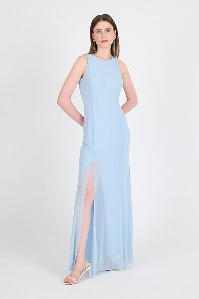 Rays Baby Blue Side Slit Τούλι Μακρύ Φόρεμα 251657