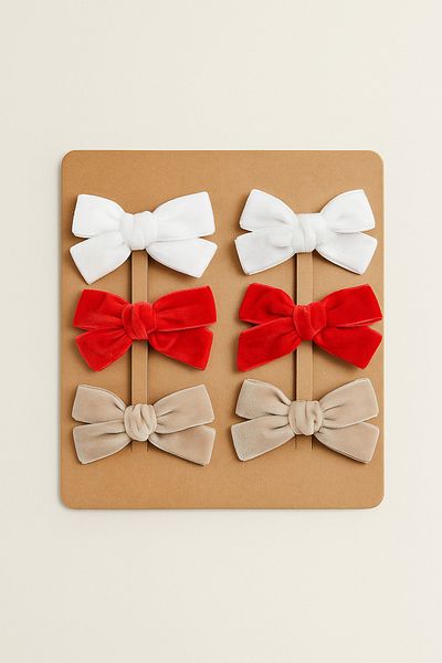 Magu Baby Girl Velvet Bow Set of 6 Buckles - White, Red and Beige
