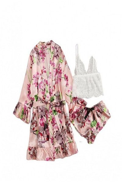 Tessero Sexy nightgown and long-sleeved robe set, floral pattern made of satin and lace, 3 pieces, bust