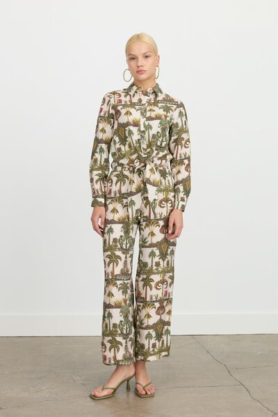 Nihan Palmiye Desenli Bol Paça Modal Pantolon Haki