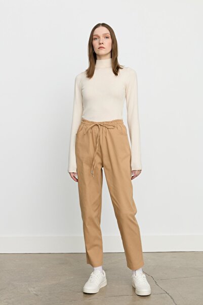 Nihan Beli Lastikli Kanvas Havuç Denim Pantolon Camel