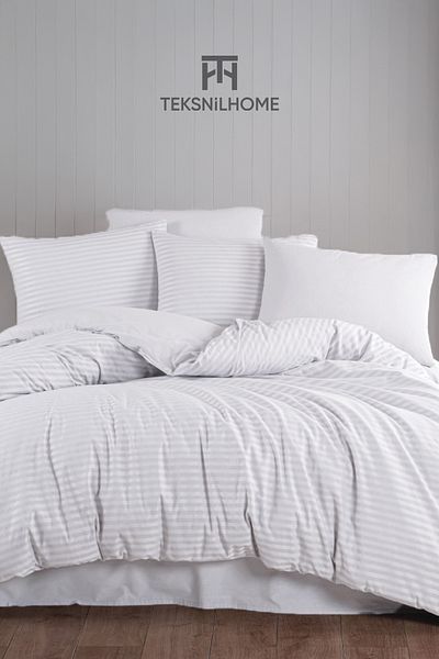 TeksNil Home Set cuvertură de pilota cu dungi naturale albe 100% bumbac 3 bucăți (DUBLĂ)