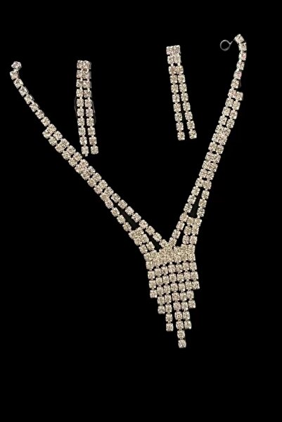 shai Silver Color Stone Detailed Necklace and Earrings Wedding Henna Engagement Bridal Set