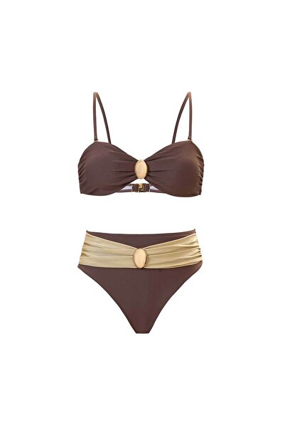 Eros Zone Premium Desert Glam 2-piece swimsuit, high waist bikini with gold details, size XL, brown-beige