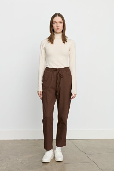 Nihan Beli Lastikli Kanvas Havuç Denim Pantolon Kahve