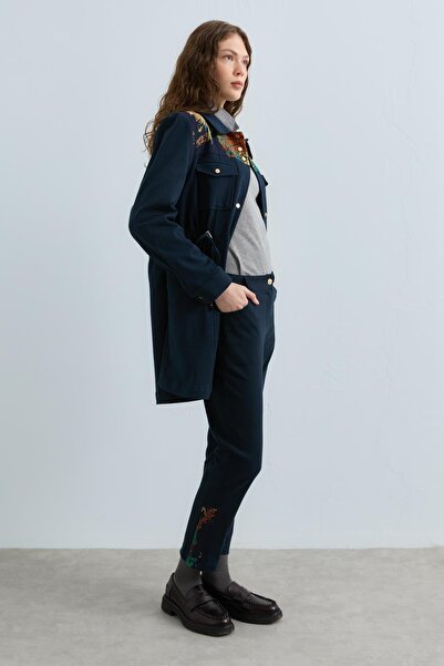 Nihan Yanları Jakar Kamalı Gabardin Pantolon Lacivert