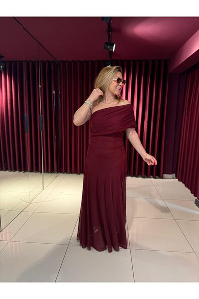 Hotfashion فستان أحمر كلاريت بكتف واحد