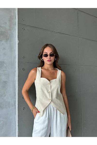 Tumtum Wear Button Detailed Linen Heart Collar Vest