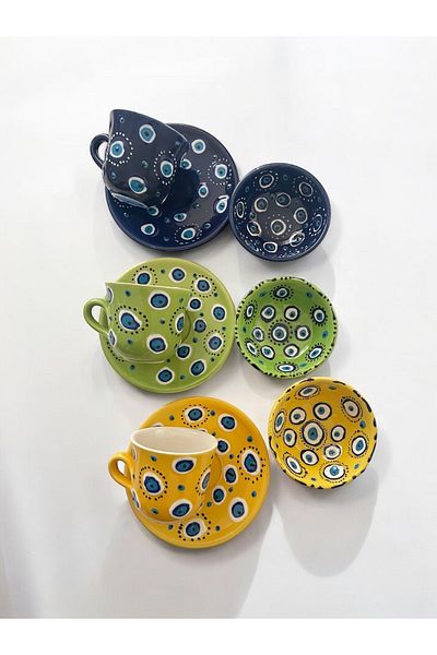 Artistic Quality Decorative 3-Person Stylish Evil Eye Bead Tile Designed Completely Handmade Coffee Cup and 10 cm Sauce Cup