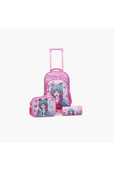 MUST MUST Girl Print Trolley Backpack with Lunch Bag and Pencil Pouch - 43x30x13 cms