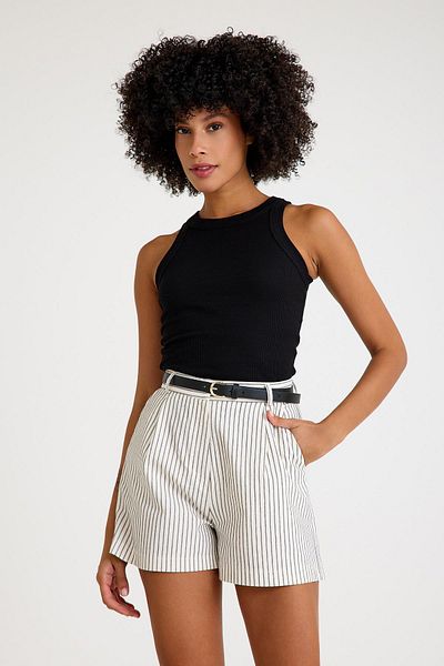 NİLİST High Waist Black and White Striped Belted Classic Shorts