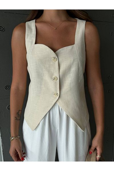 Tumtum Wear Button Detailed Linen Heart Collar Vest