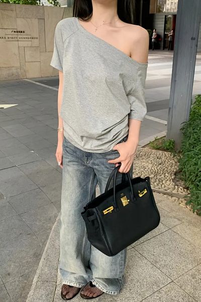 Tarz Cool Gray Women's Off Shoulder Boat Neck Oversize T-Shirt