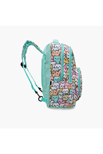 Shout Cat Print 3-Compartment Backpack with Adjustable Straps and Zip Closure - 32x20x45 cms