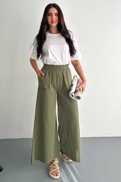 SESUME Flared Leg Khaki Gabardine Elastic Waist Trousers