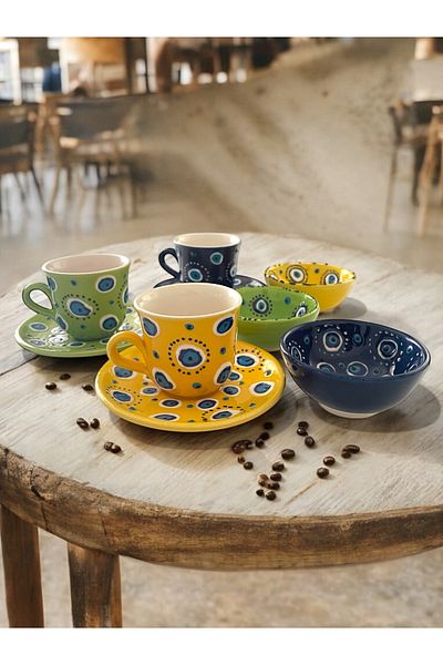 Artistic Quality Decorative 3-Person Stylish Evil Eye Bead Tile Designed Completely Handmade Coffee Cup and 10 cm Sauce Cup