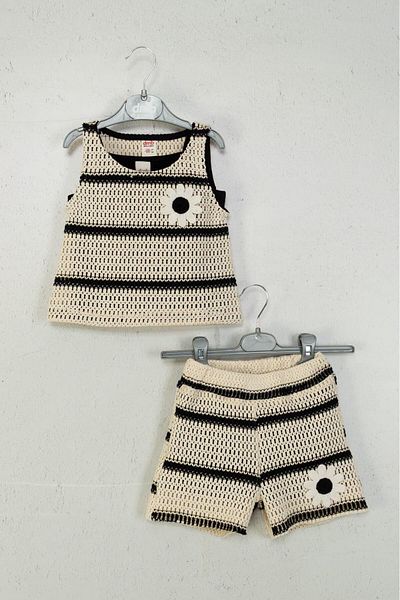 Magu Girl's Cotton Cream Black Striped Daisy Applique Shorts Set