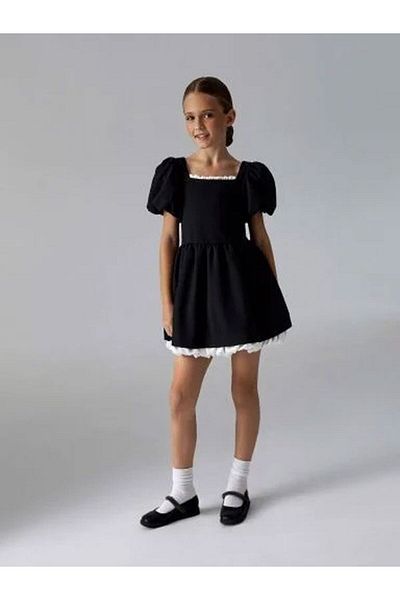 NİSAY BOUTİQUE Girl's Black Colored Piping Detailed Dress with White Bow Ribbon on the Back