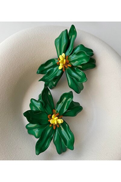 mos&more Marka Küpe, Yeşil Çiçek Büyük Şık Kadın Küpe