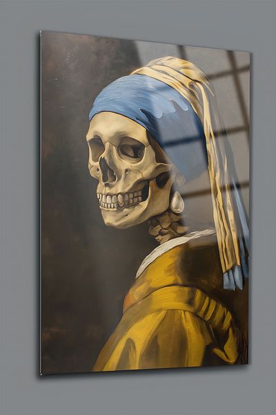 glassartdesign Pictură din sticlă schelet cu cercei de perle - Pictură modernă - Pictură de artă