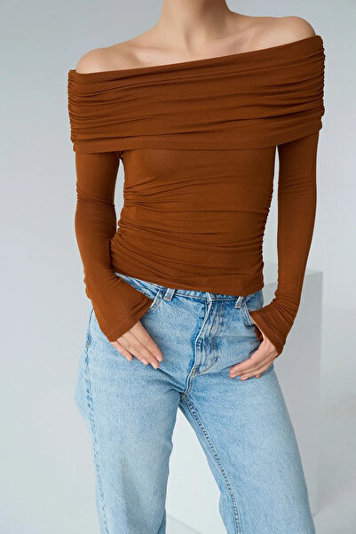 LOOSH Kadın Kahve Degaje Yaka Büzgülü Bluz